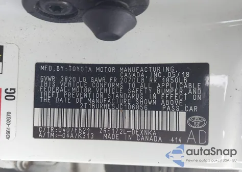 2018 Toyota Corolla Le z USA, uszkodzony, nr VIN 2T1BURHE5JC106856